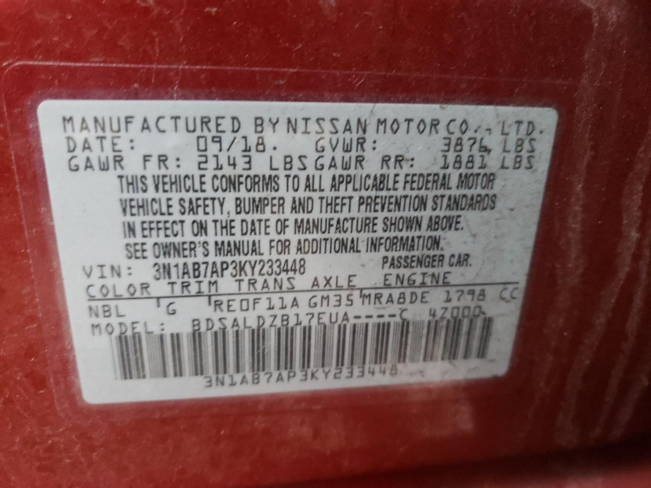 Photo 10 from auction – 2019 NISSAN SENTRA S with VIN 3N1AB7AP3KY233448