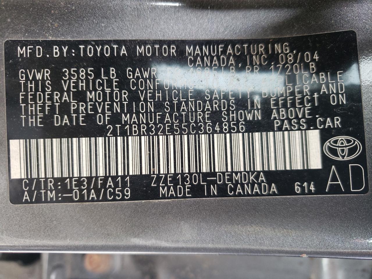 Photo 10 from auction – 2005 TOYOTA COROLLA CE with VIN 2T1BR32E55C364856