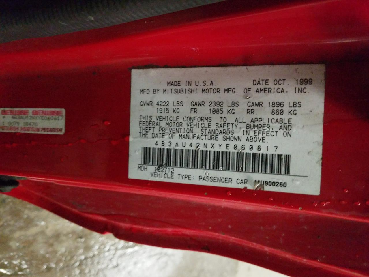 Photo 10 from auction – 2000 DODGE AVENGER SP with VIN 4B3AU42NXYE060617