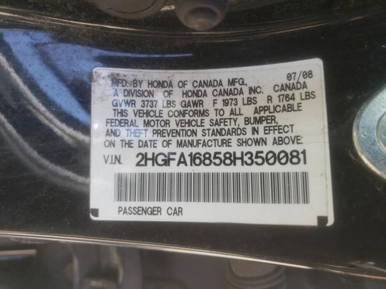Photo 10 from auction – 2008 HONDA CIVIC EX with VIN 2HGFA16858H350081