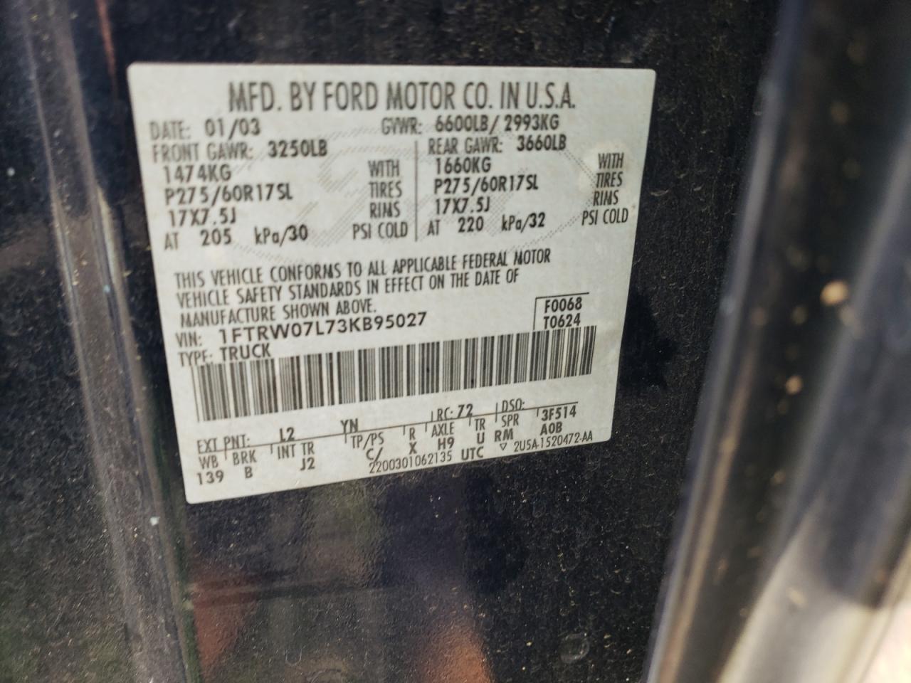 Photo 10 from auction – 2003 FORD F150 SUPER with VIN 1FTRW07L73KB95027