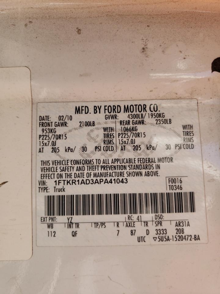 Photo 10 from auction – 2010 FORD RANGER with VIN 1FTKR1AD3APA41043