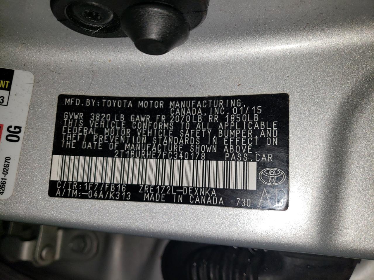 Photo 10 from auction – 2015 TOYOTA COROLLA L with VIN 2T1BURHE7FC340178