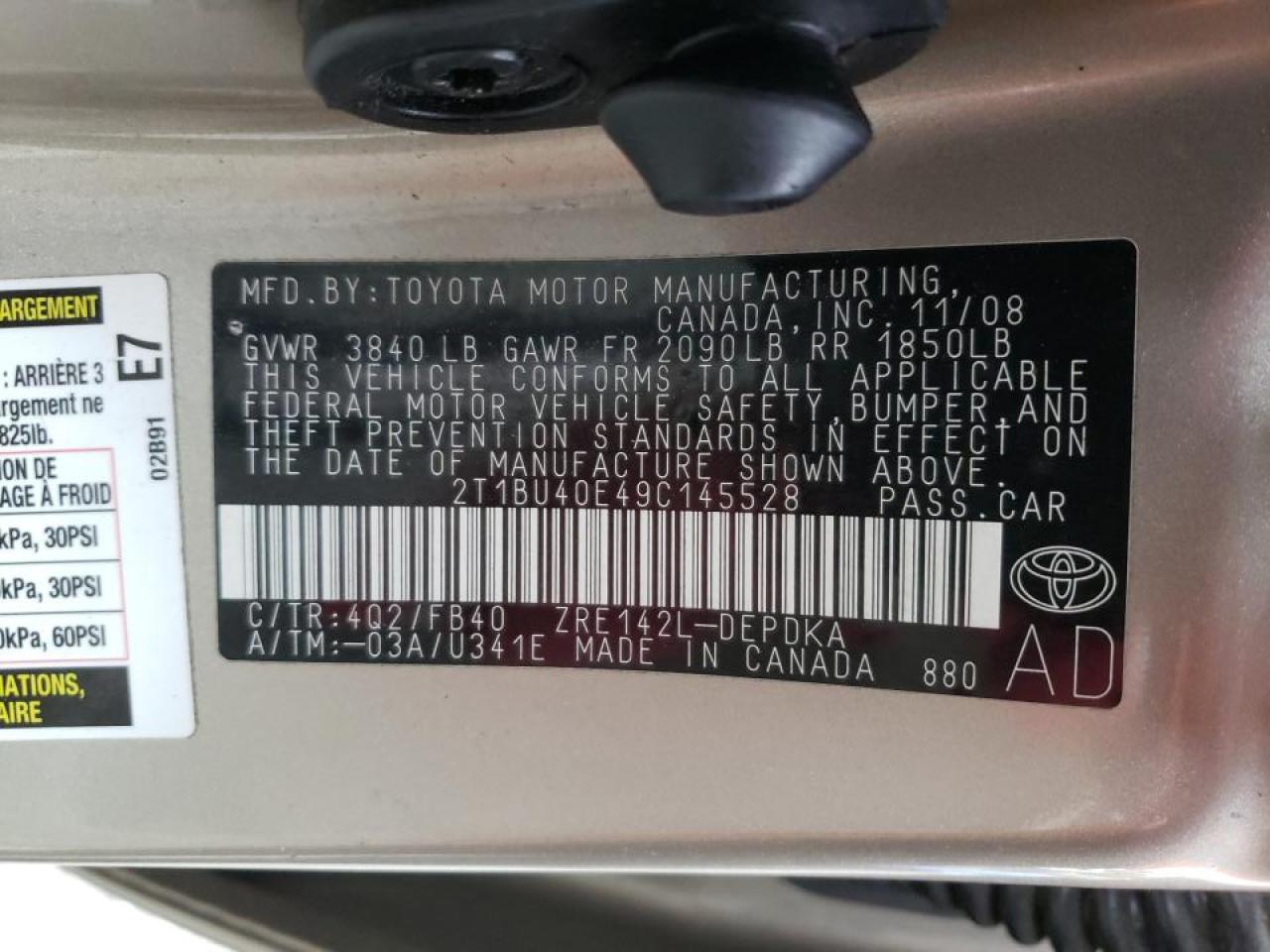 Photo 10 from auction – 2009 TOYOTA COROLLA BA with VIN 2T1BU40E49C145528