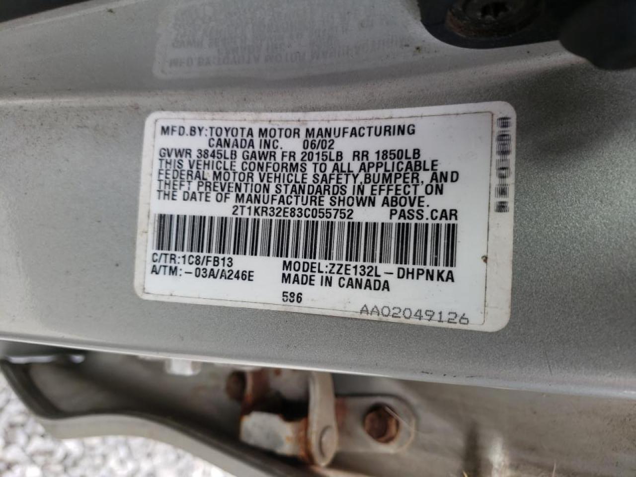 Photo 10 from auction – 2003 TOYOTA COROLLA MA with VIN 2T1KR32E83C055752