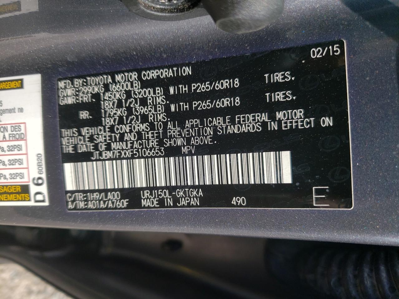 Photo 10 from auction – 2015 LEXUS GX 460 with VIN JTJBM7FXXF5106653