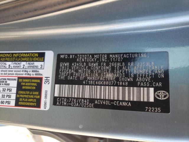 Photo 10 from auction – 2008 TOYOTA CAMRY CE with VIN 4T1BE46K88U771848