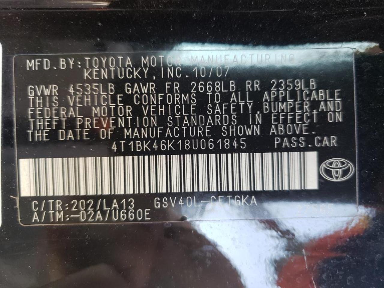 Photo 10 from auction – 2008 TOYOTA CAMRY with VIN 4T1BK46K18U061845