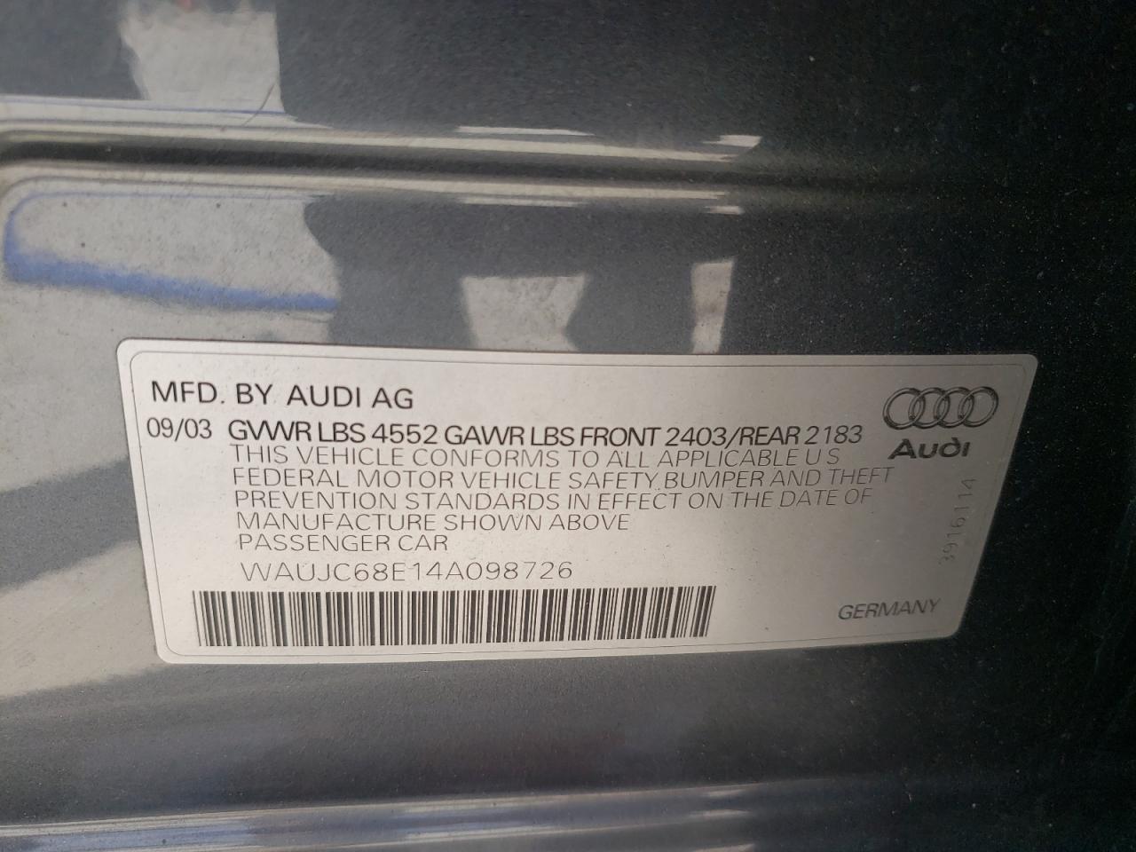 Photo 10 from auction – 2004 AUDI A4 1.8T with VIN WAUJC68E14A098726
