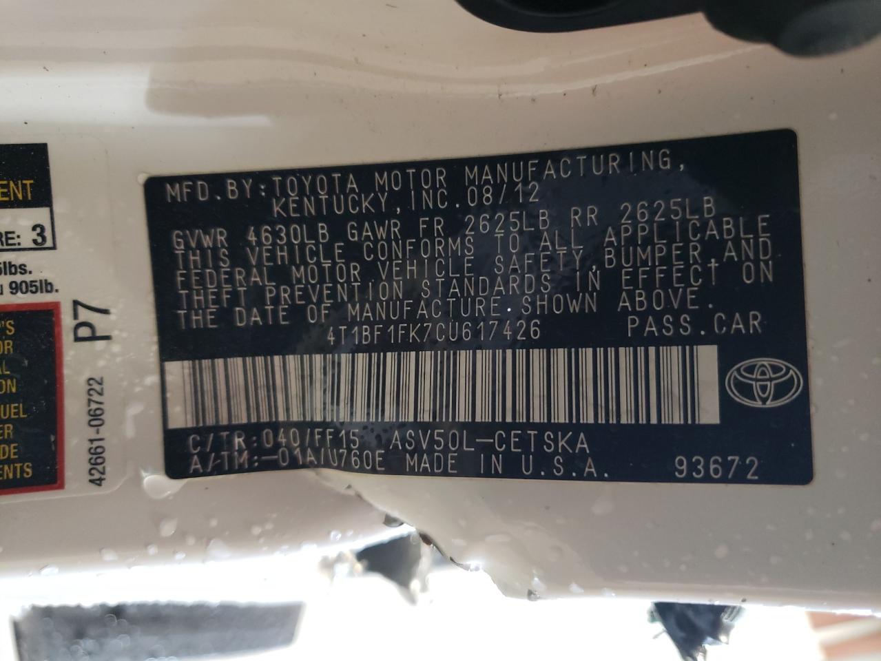 Photo 10 from auction – 2012 TOYOTA CAMRY BASE with VIN 4T1BF1FK7CU617426