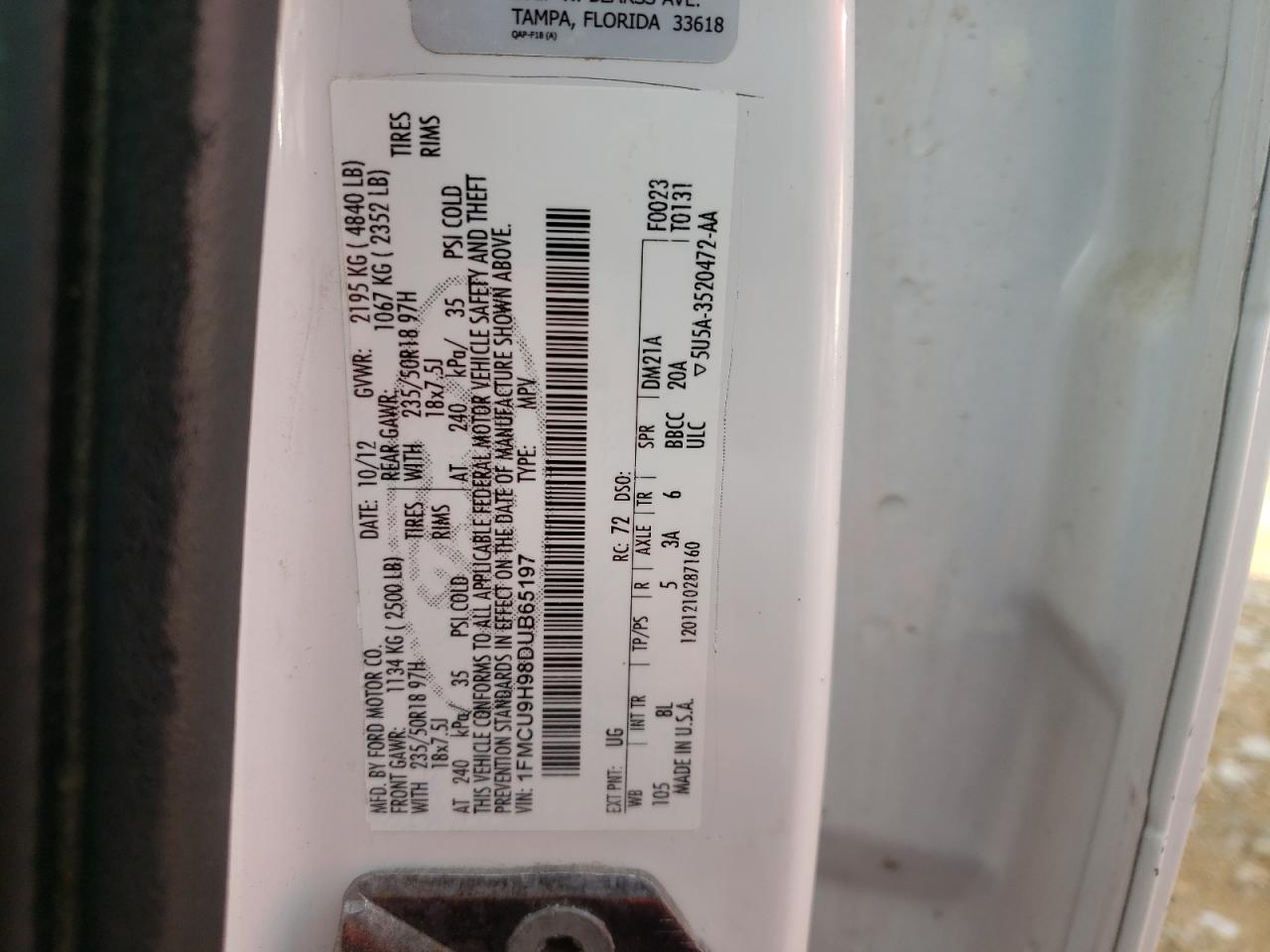Photo 10 from auction – 2013 FORD ESCAPE SEL with VIN 1FMCU9H98DUB65197