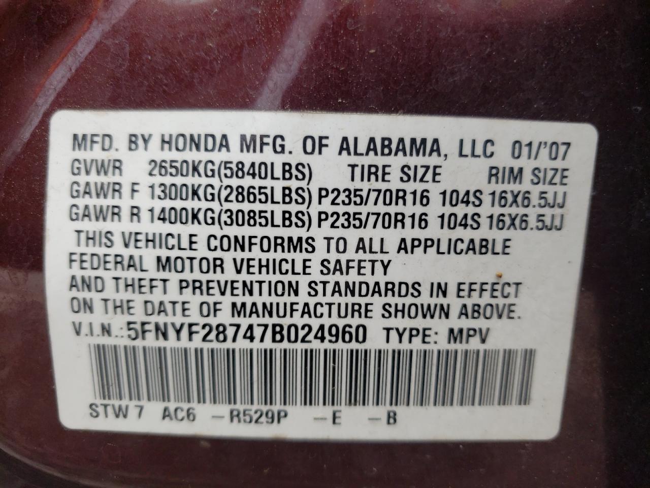 Photo 10 from auction – 2007 HONDA PILOT EXL with VIN 5FNYF28747B024960
