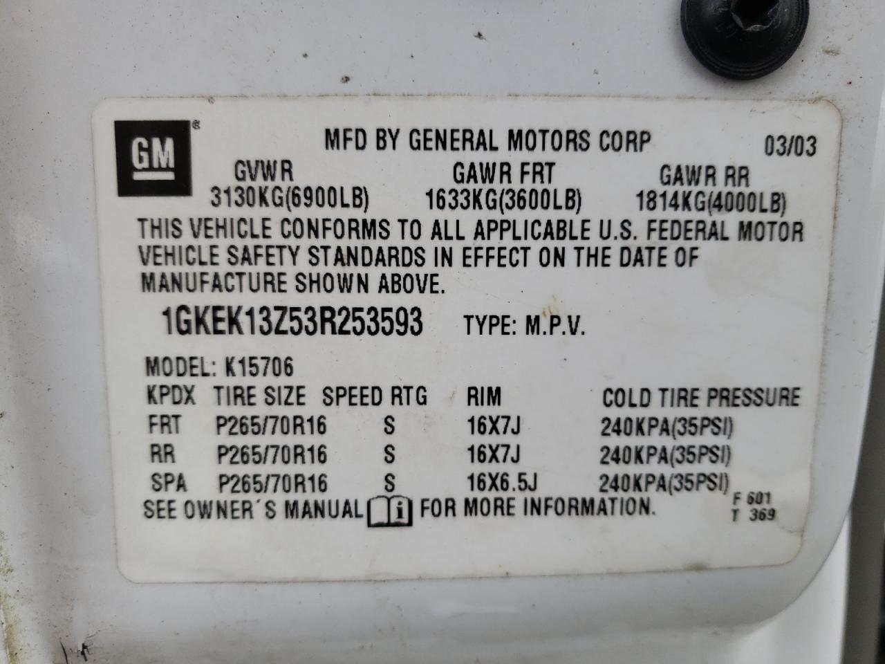 Photo 10 from auction – 2003 GMC YUKON with VIN 1GKEK13Z53R253593