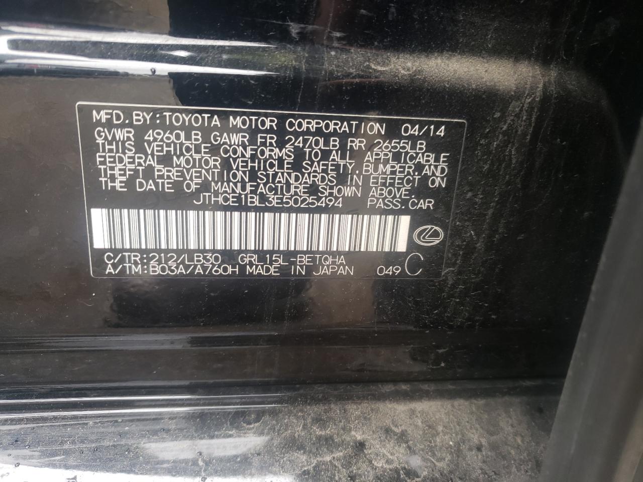 Photo 10 from auction – 2014 LEXUS GS 350 with VIN JTHCE1BL3E5025494