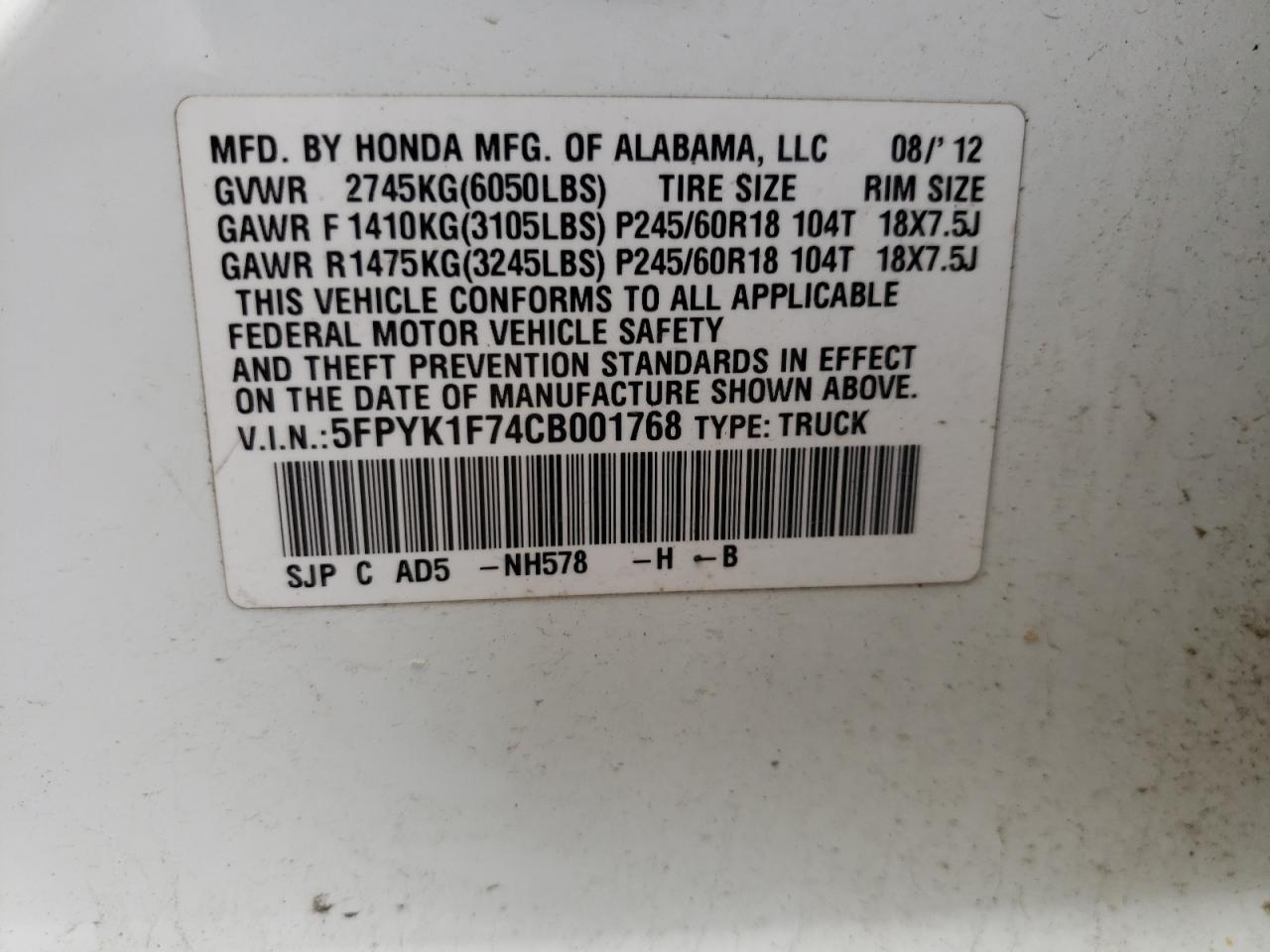 Photo 10 from auction – 2012 HONDA RIDGELINE with VIN 5FPYK1F74CB001768