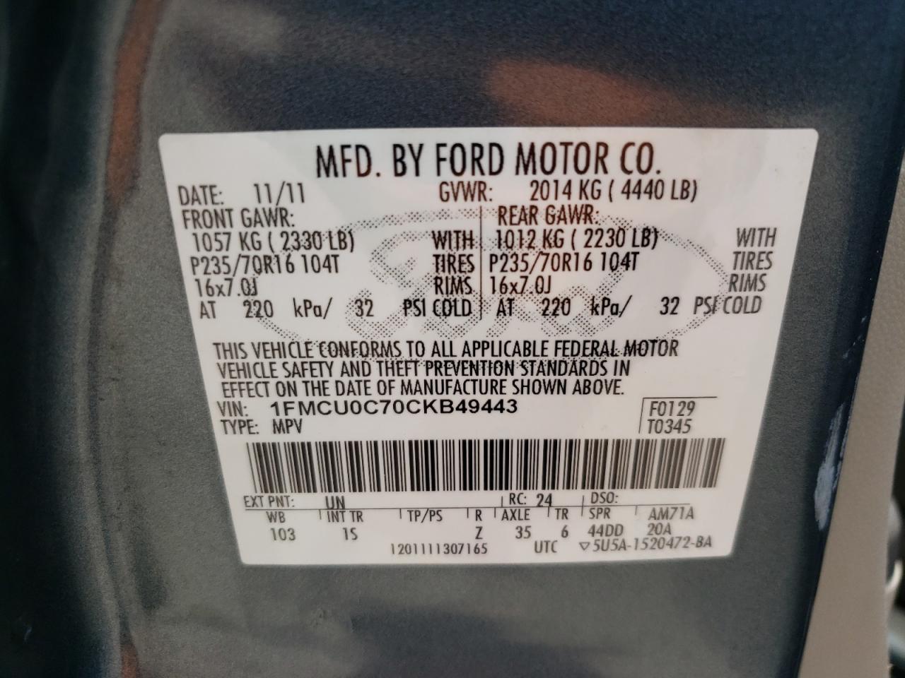 Photo 10 from auction – 2012 FORD ESCAPE XLS with VIN 1FMCU0C70CKB49443