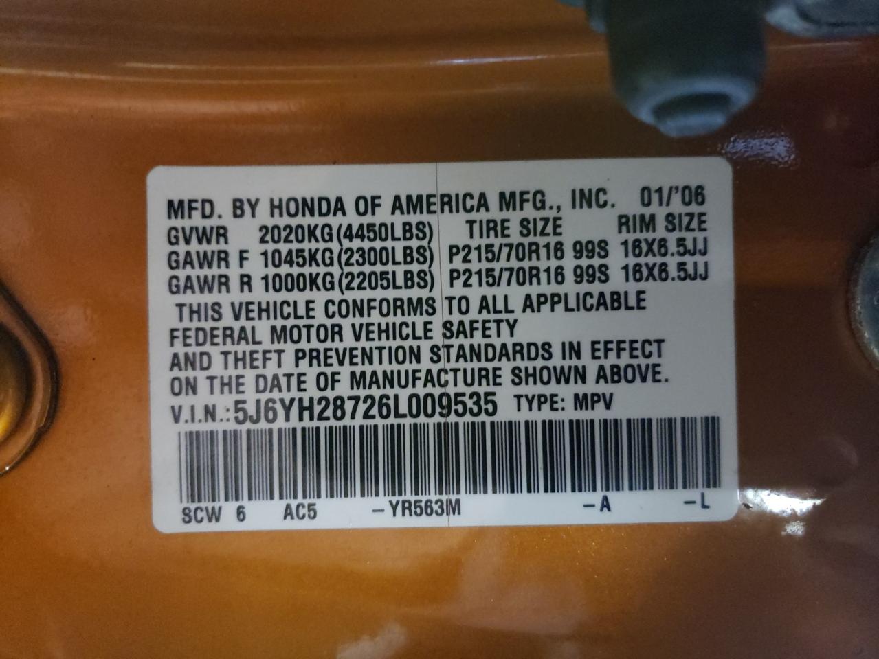 Photo 10 from auction – 2006 HONDA ELEMENT EX with VIN 5J6YH28726L009535