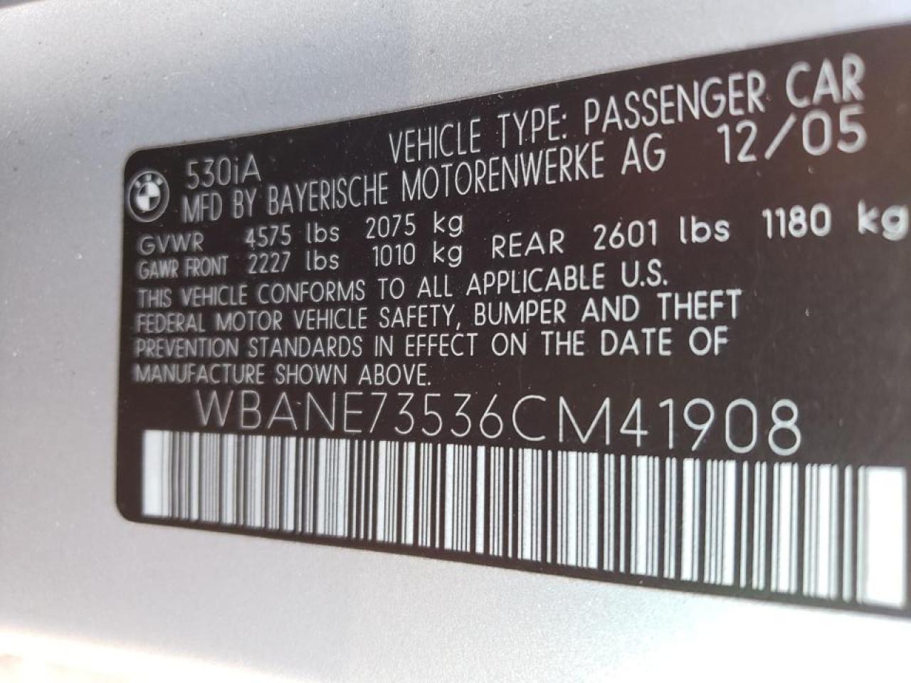 Photo 10 from auction – 2006 BMW 530 I with VIN WBANE73536CM41908