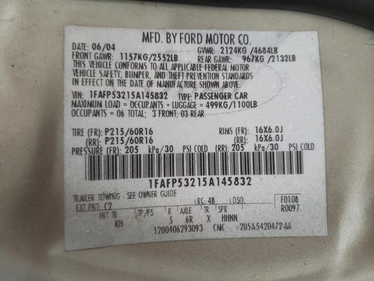 Photo 10 from auction – 2005 FORD TAURUS SE with VIN 1FAFP53215A145832
