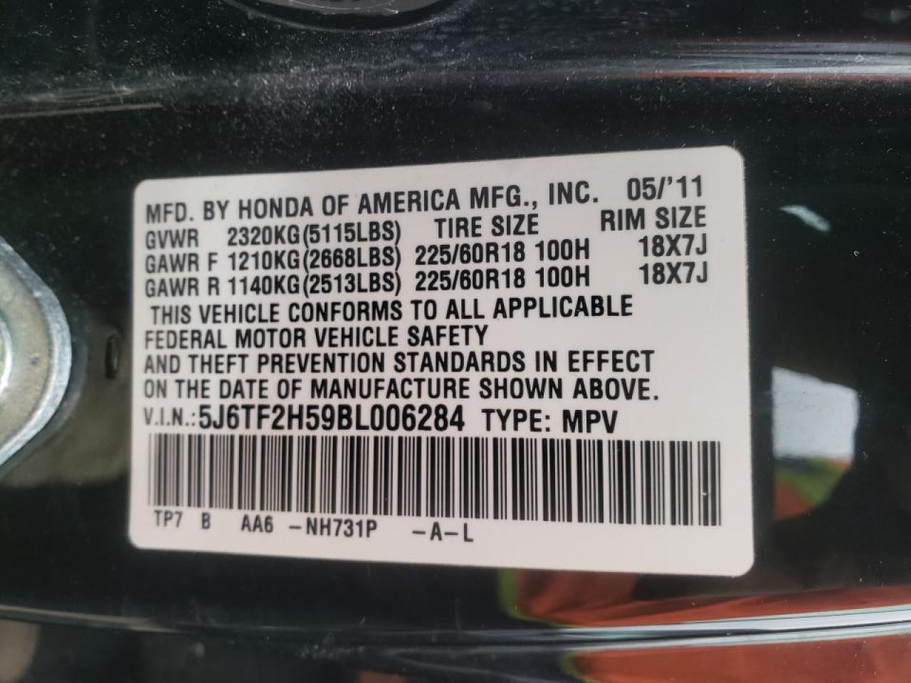 Photo 10 from auction – 2011 HONDA ACCORD CRO with VIN 5J6TF2H59BL006284
