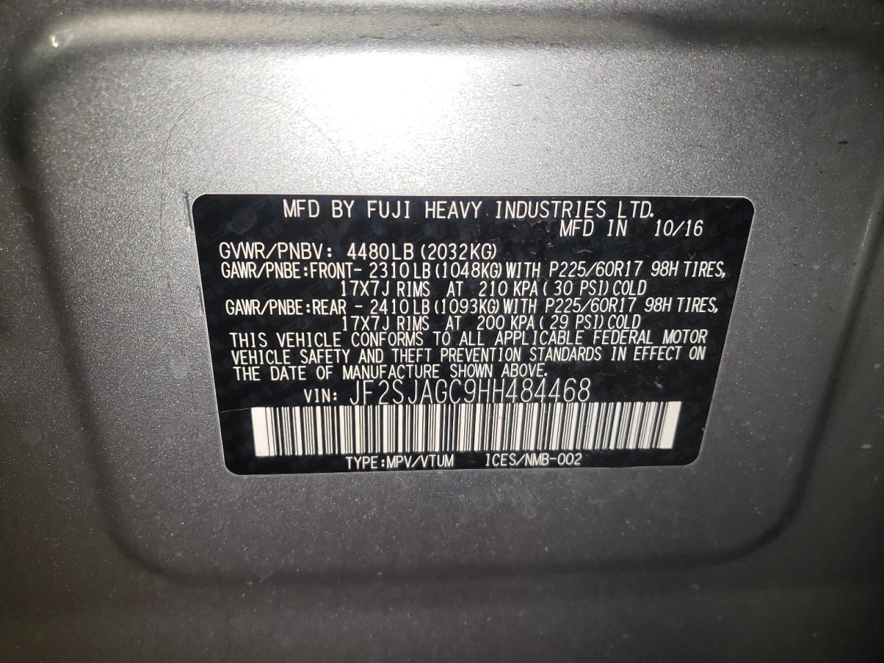 Photo 10 from auction – 2017 SUBARU FORESTER 2 with VIN JF2SJAGC9HH484468