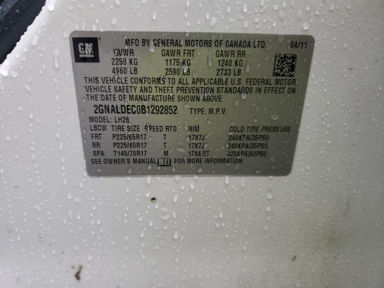 Photo 10 from auction – 2011 CHEVROLET EQUINOX LT with VIN 2GNALDEC0B1292852