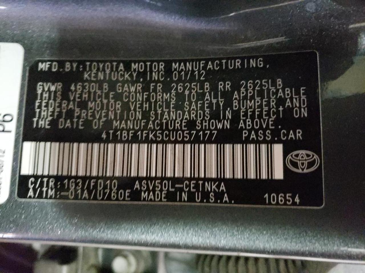 Photo 20 from auction – 2012 TOYOTA CAMRY BASE with VIN 4T1BF1FK5CU057177