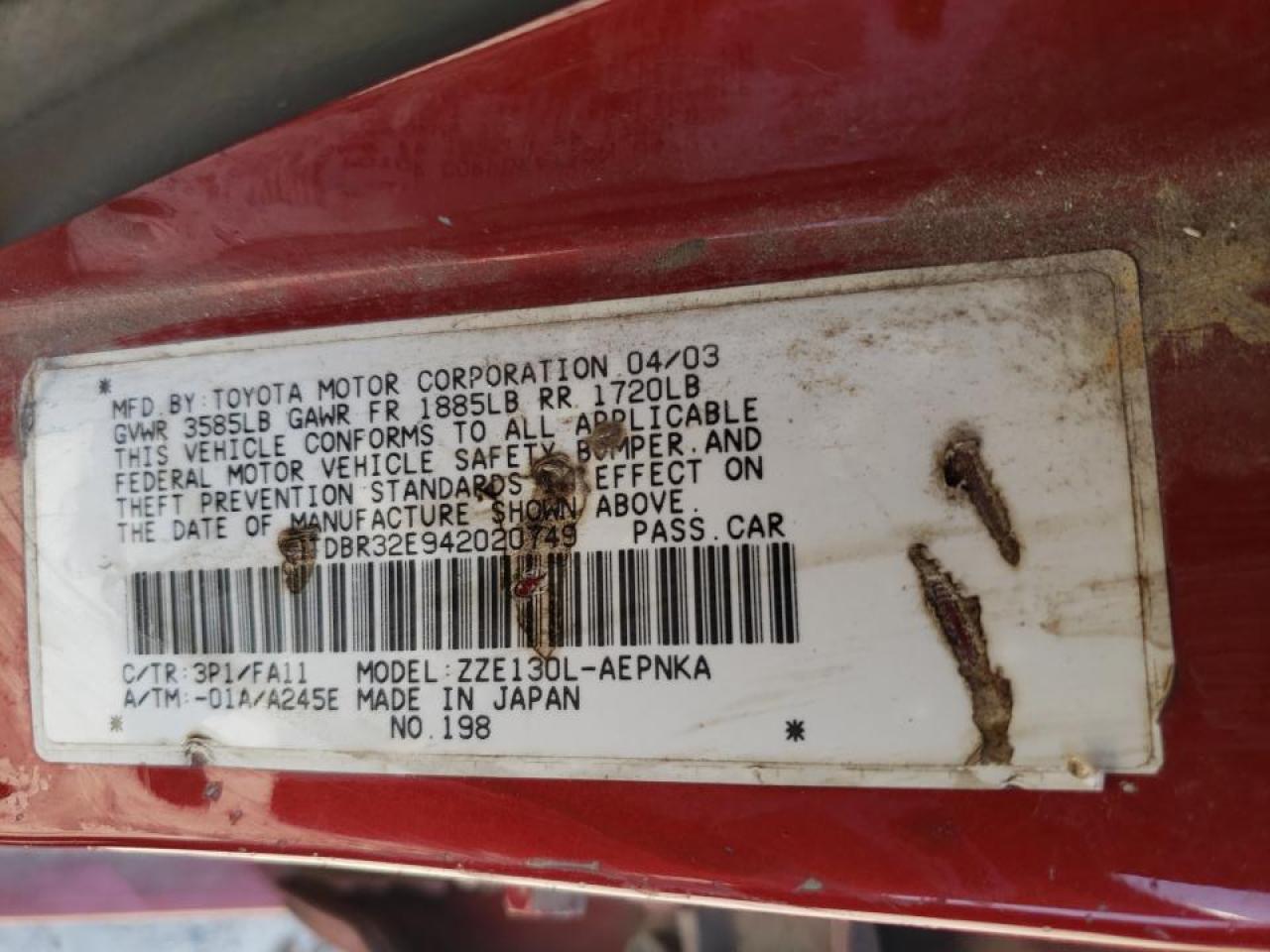 Photo 10 from auction – 2004 TOYOTA COROLLA CE with VIN JTDBR32E942020749