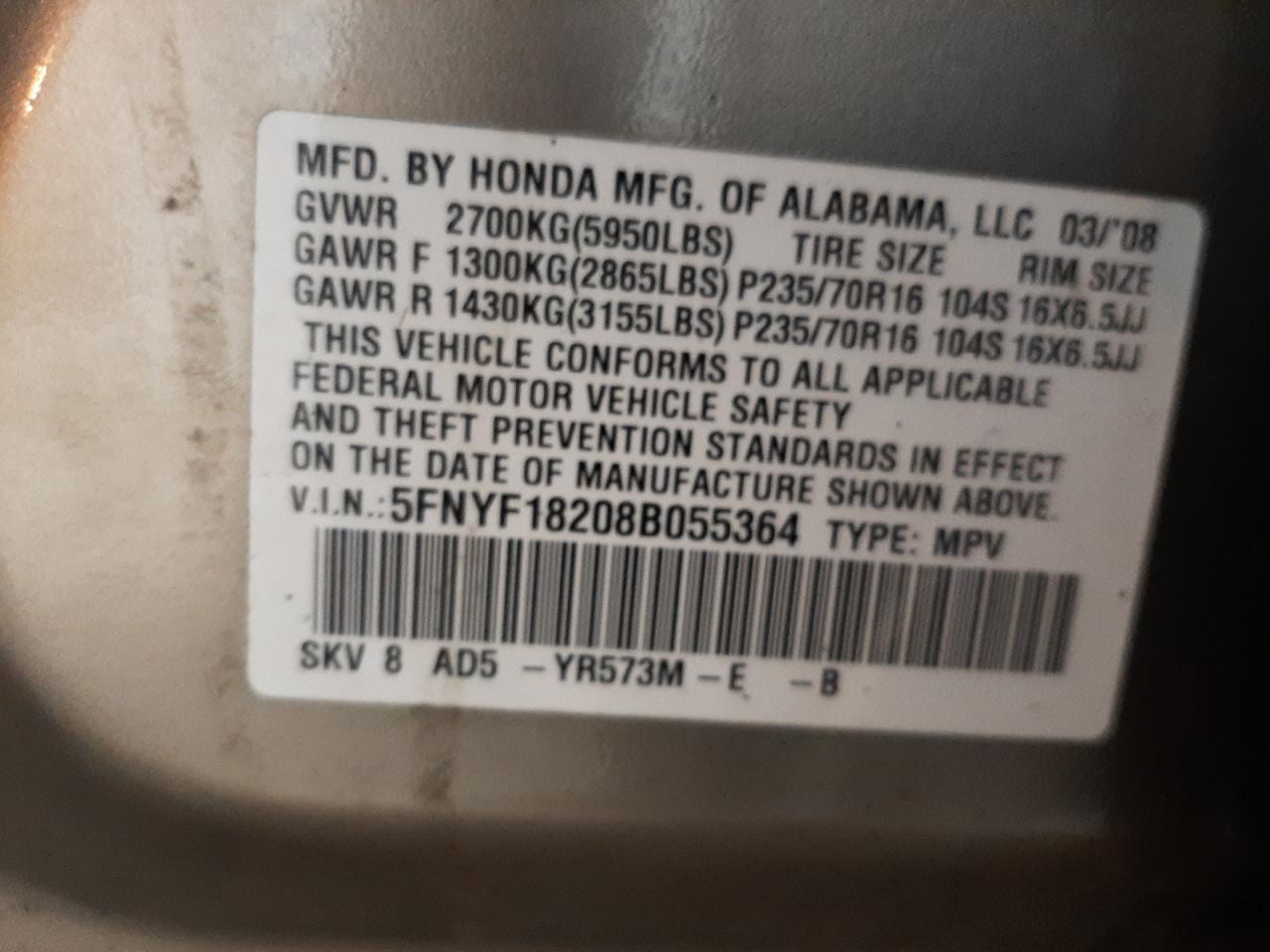 Photo 10 from auction – 2008 HONDA PILOT VP with VIN 5FNYF18208B055364