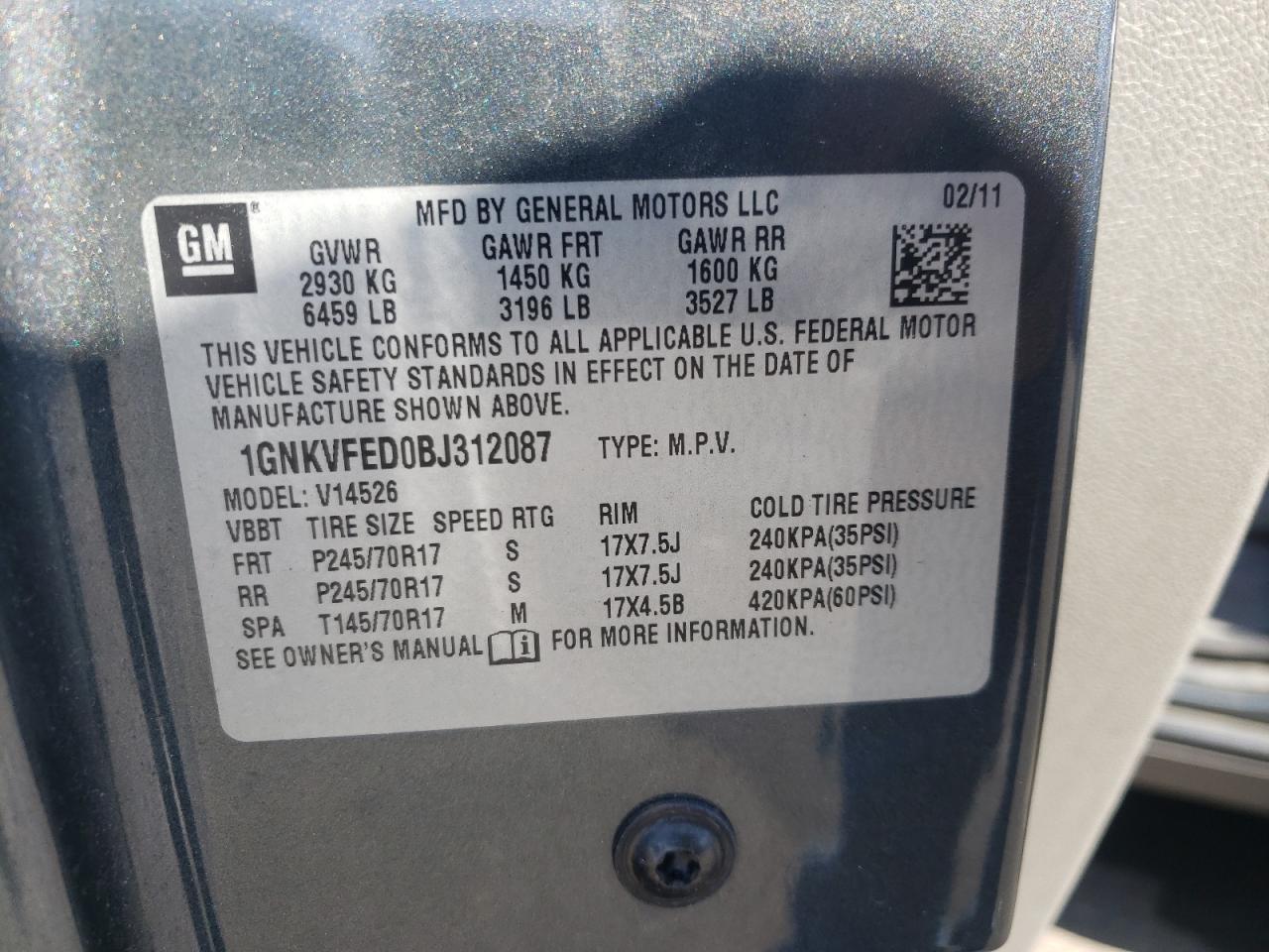 Photo 10 from auction – 2011 CHEVROLET TRAVERSE L with VIN 1GNKVFED0BJ312087