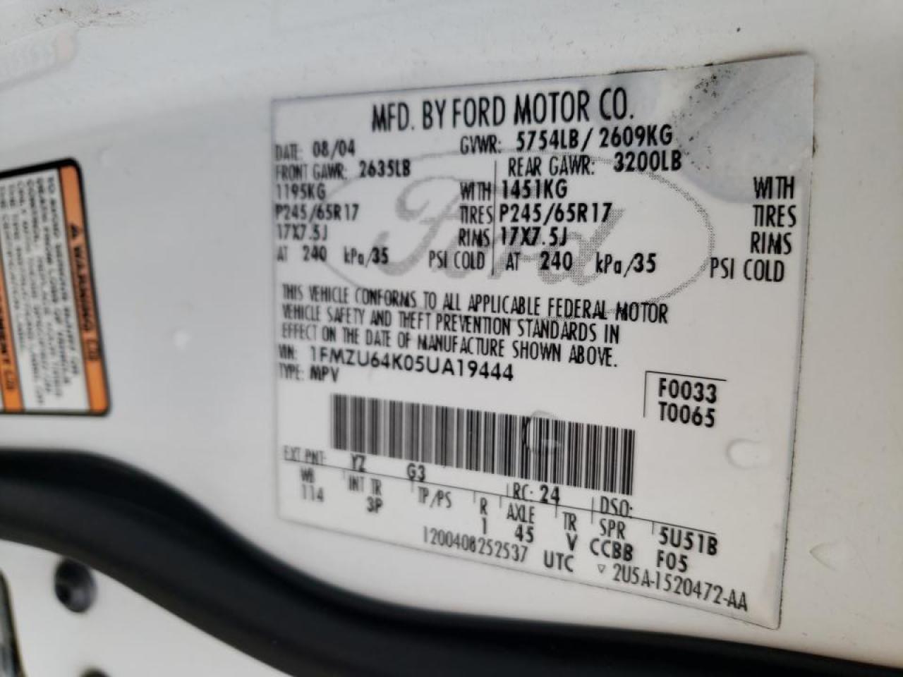 Photo 10 from auction – 2005 FORD EXPLORER E with VIN 1FMZU64K05UA19444
