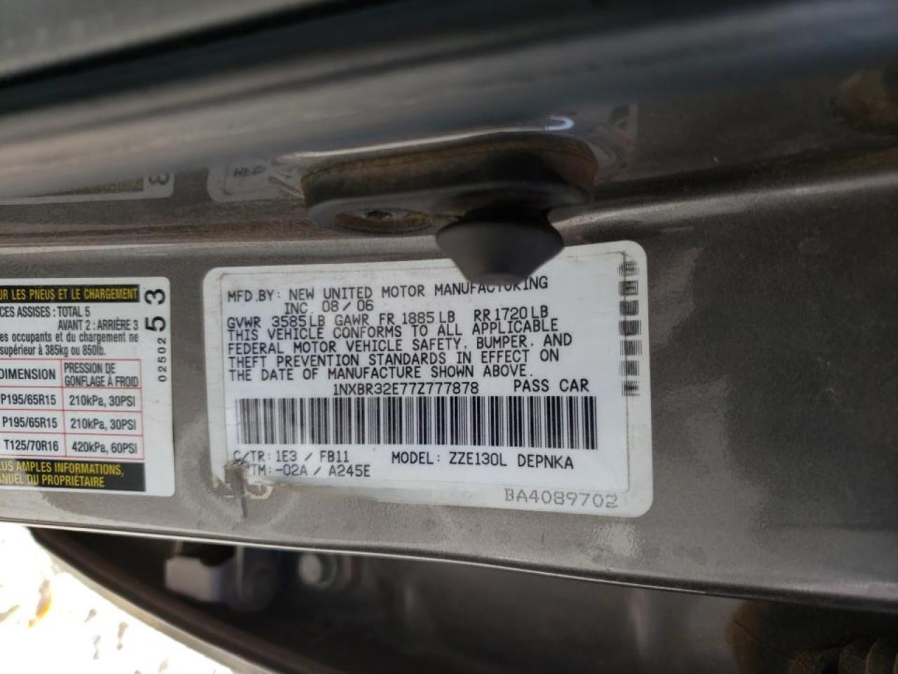 Photo 10 from auction – 2007 TOYOTA COROLLA CE with VIN 1NXBR32E77Z777878