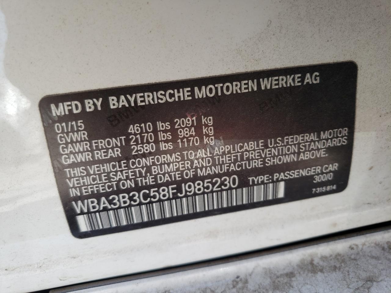 Photo 10 from auction – 2015 BMW 328 XI with VIN WBA3B3C58FJ985230
