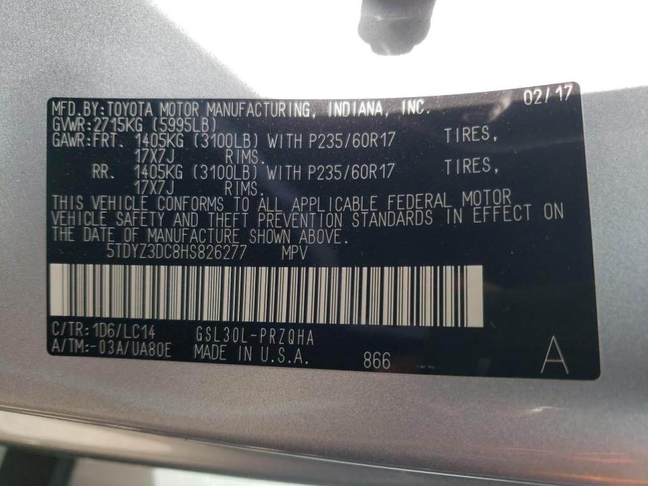 Photo 10 from auction – 2017 TOYOTA SIENNA XLE with VIN 5TDYZ3DC8HS826277