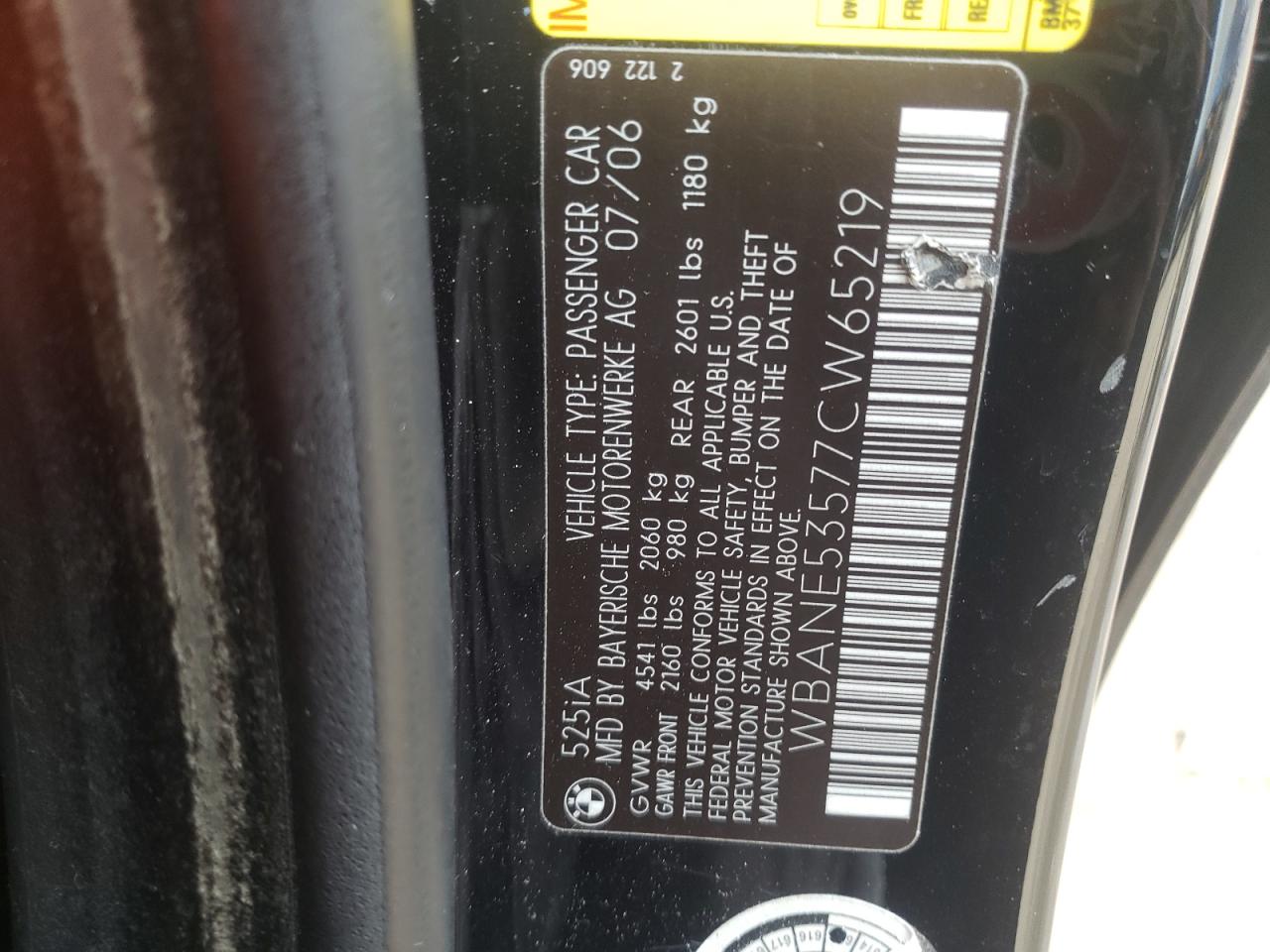 Photo 10 from auction – 2007 BMW 525 I with VIN WBANE53577CW65219