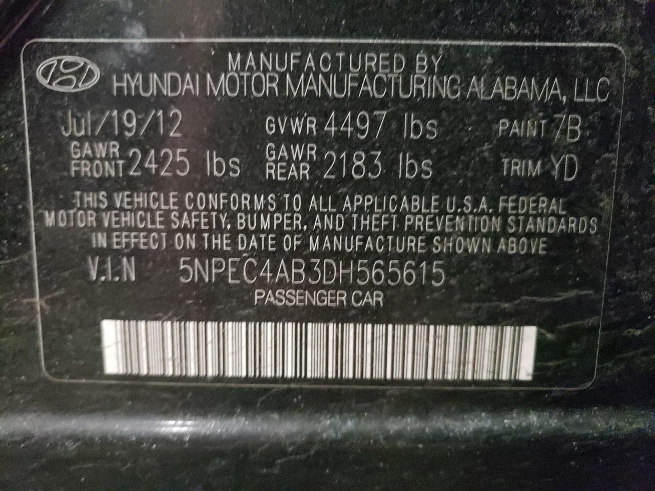 Photo 10 from auction – 2013 HYUNDAI SONATA SE with VIN 5NPEC4AB3DH565615