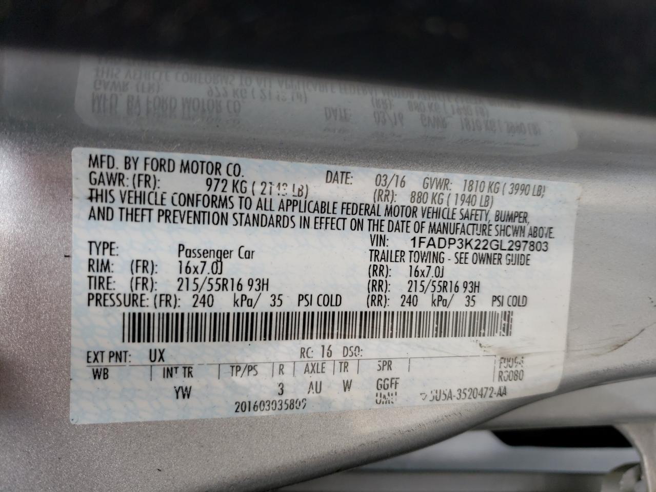 Photo 10 from auction – 2016 FORD FOCUS SE with VIN 1FADP3K22GL297803