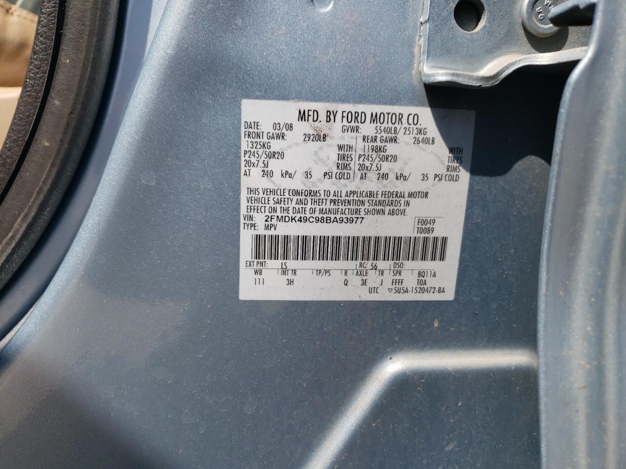 Photo 10 from auction – 2008 FORD EDGE LIMIT with VIN 2FMDK49C98BA93977