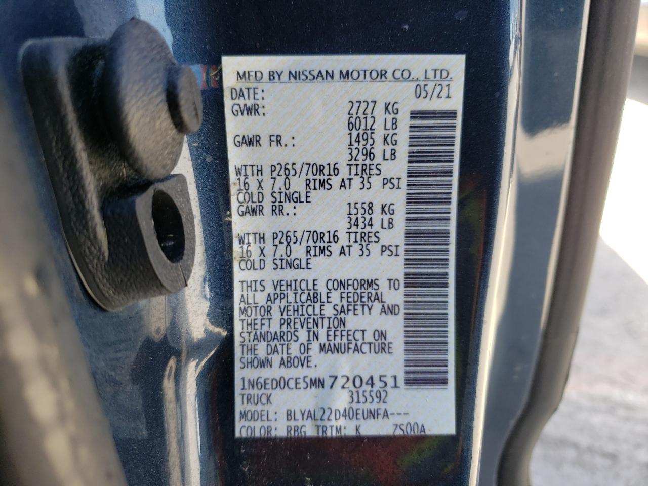 Photo 10 from auction – 2021 NISSAN FRONTIER S with VIN 1N6ED0CE5MN720451
