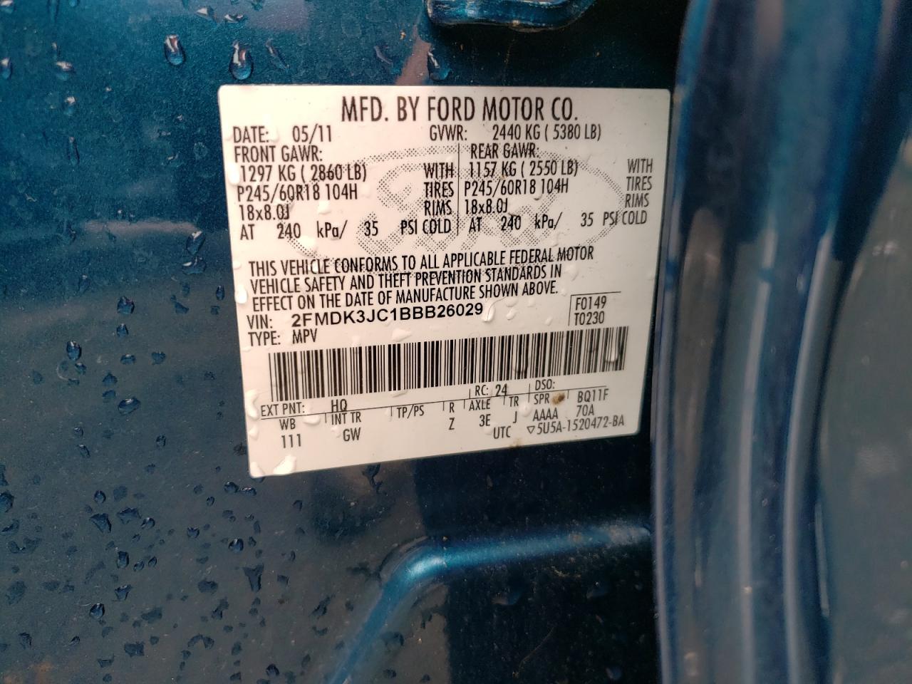 Photo 10 from auction – 2011 FORD EDGE SEL with VIN 2FMDK3JC1BBB26029