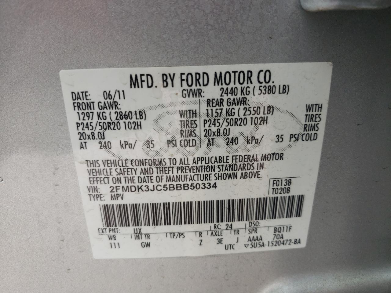 Photo 10 from auction – 2011 FORD EDGE SEL with VIN 2FMDK3JC5BBB50334