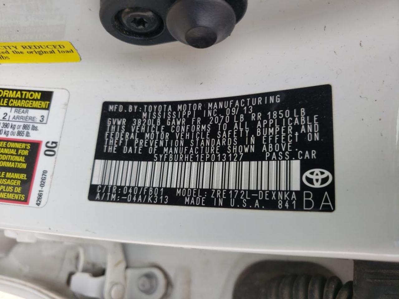 Photo 10 from auction – 2014 TOYOTA COROLLA L with VIN 5YFBURHE1EP013127