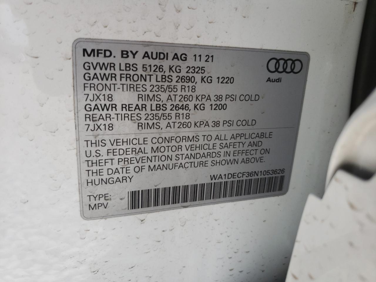 Photo 10 from auction – 2022 AUDI Q3 PREMIUM with VIN WA1DECF36N1053626
