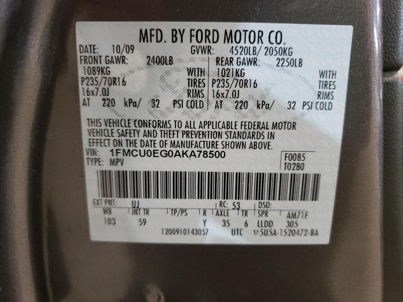 Photo 10 from auction – 2010 FORD ESCAPE LIM with VIN 1FMCU0EG0AKA78500