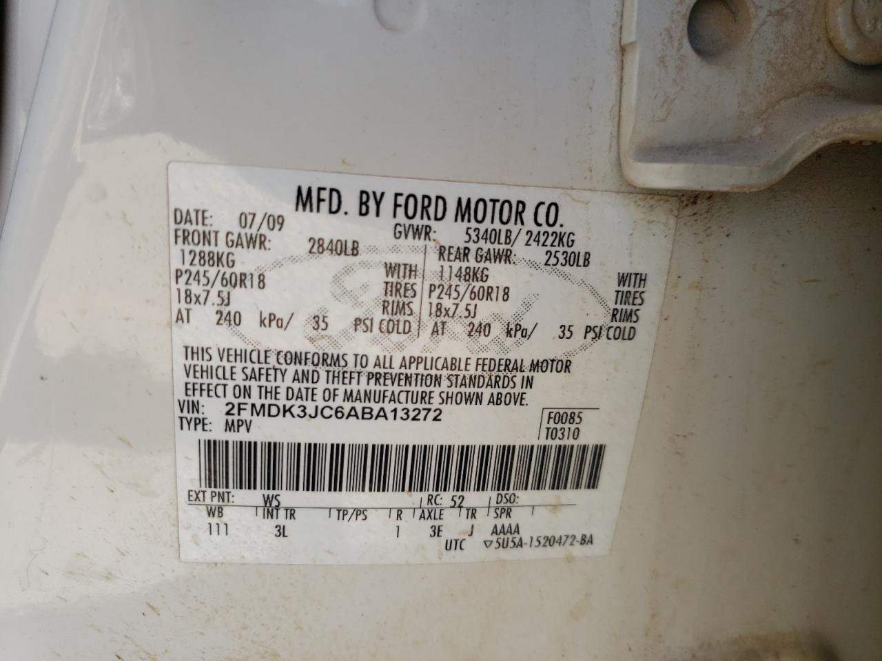 Photo 10 from auction – 2010 FORD EDGE SEL with VIN 2FMDK3JC6ABA13272