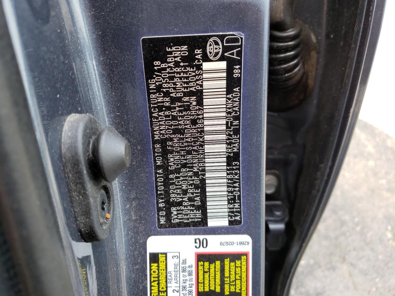 Photo 10 from auction – 2019 TOYOTA COROLLA L with VIN 2T1BURHE7KC186467