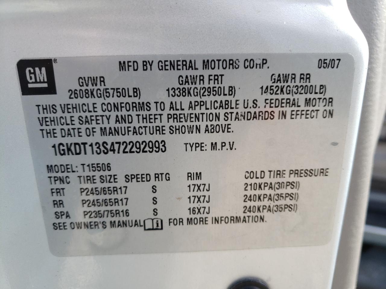 Photo 10 from auction – 2007 GMC ENVOY with VIN 1GKDT13S472292993