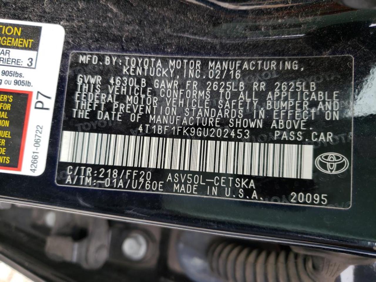 Photo 10 from auction – 2016 TOYOTA CAMRY LE with VIN 4T1BF1FK9GU202453