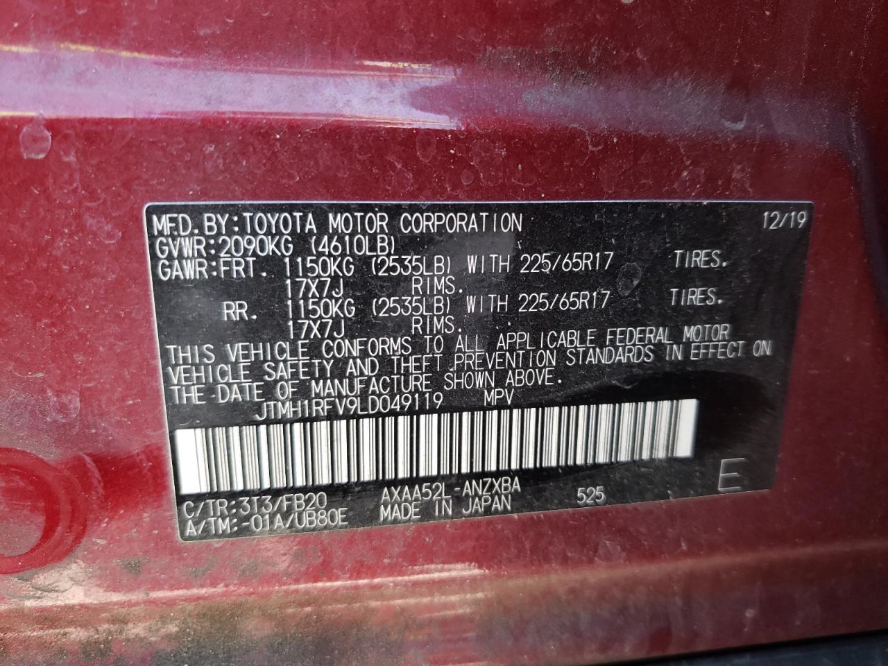 Photo 10 from auction – 2020 TOYOTA RAV4 LE with VIN JTMH1RFV9LD049119