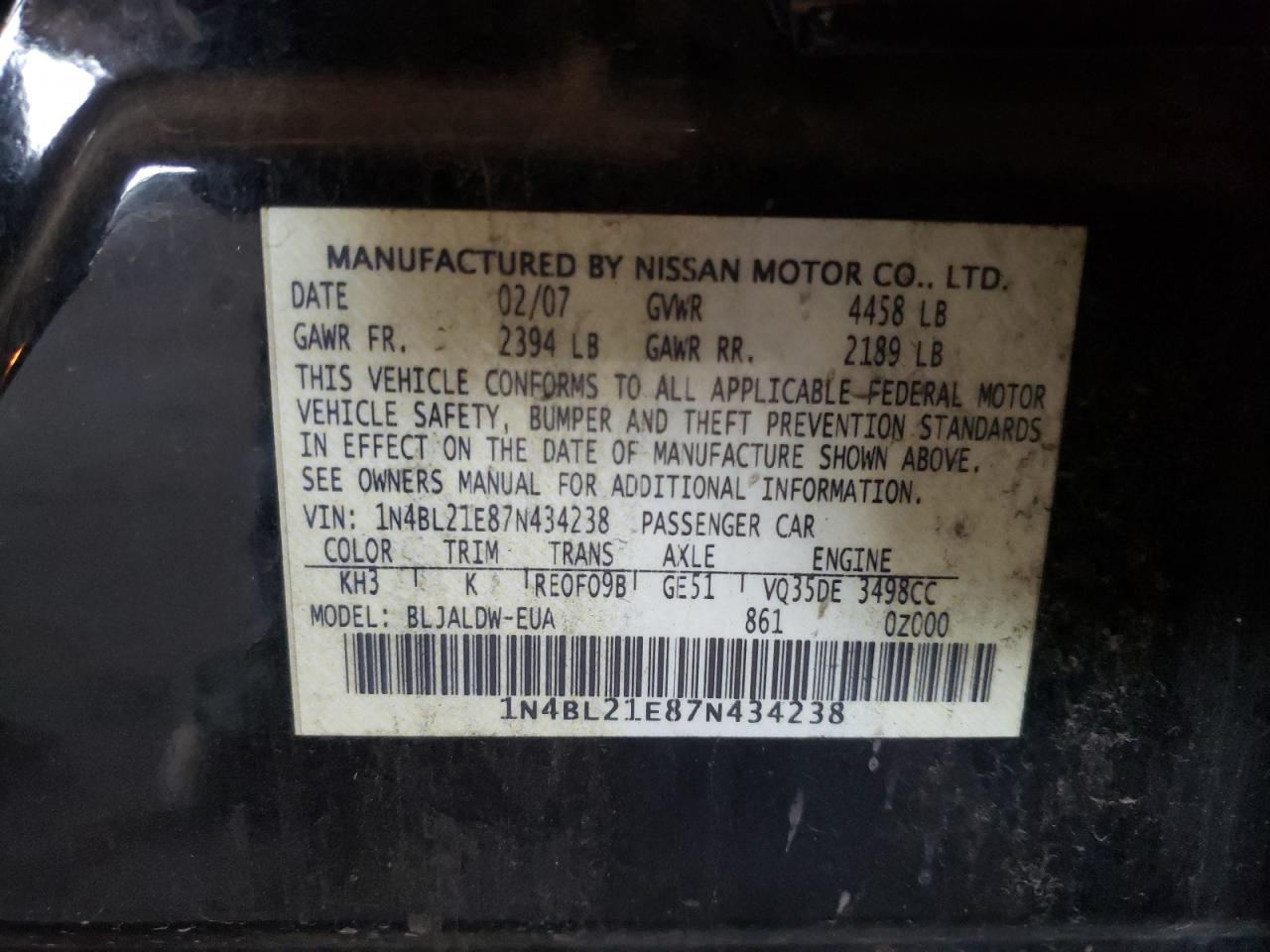 Photo 10 from auction – 2007 NISSAN ALTIMA 3.5 with VIN 1N4BL21E87N434238